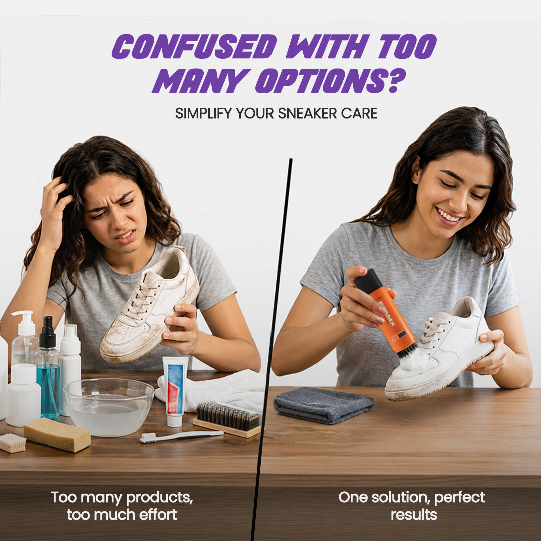 A split-screen comparison graphic for sneaker care. The left side shows a woman looking frustrated while holding a sneaker surrounded by various cleaning products on a table.